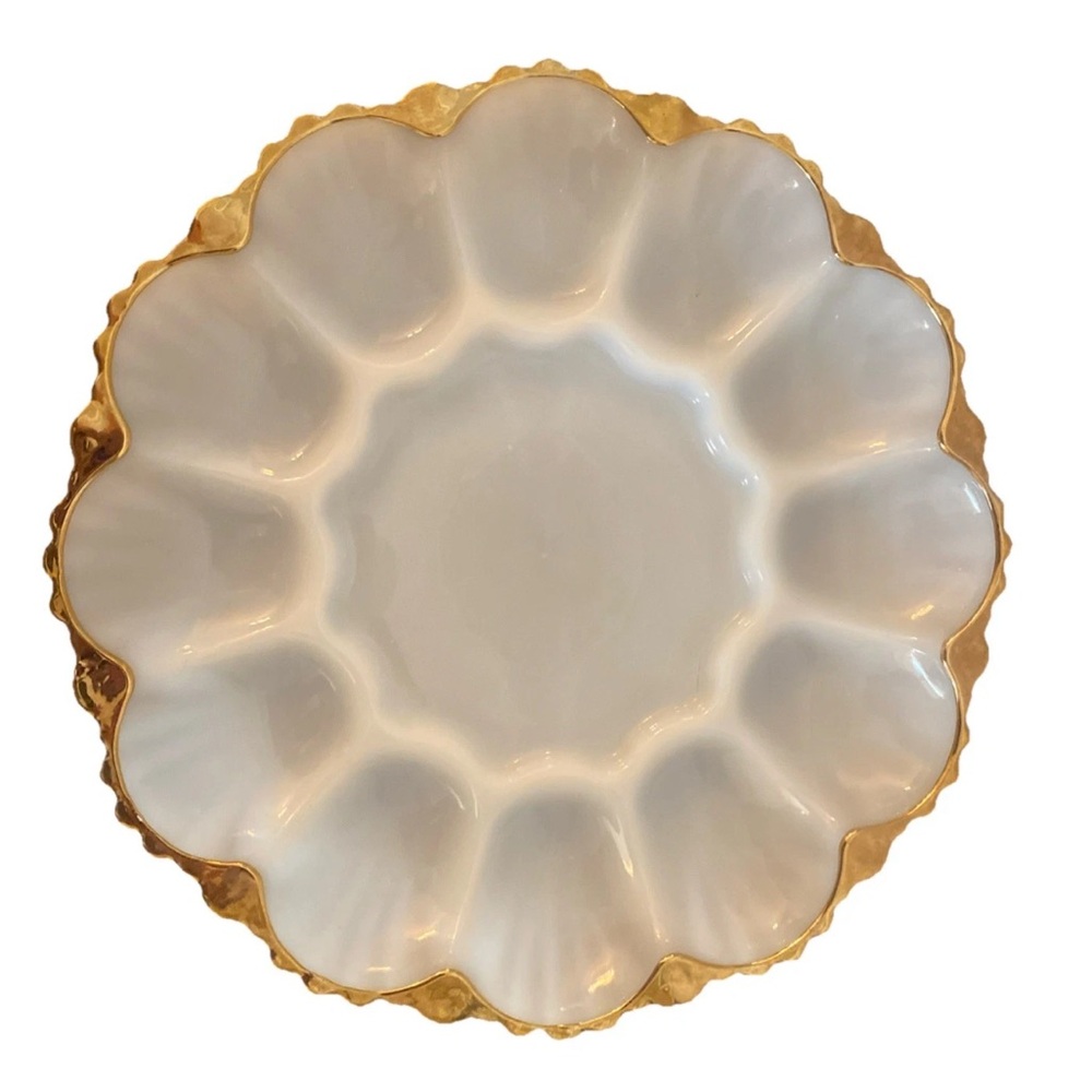 Vintage Milk Glass Deviled Egg Dish w Gold Trim 10” Diameter